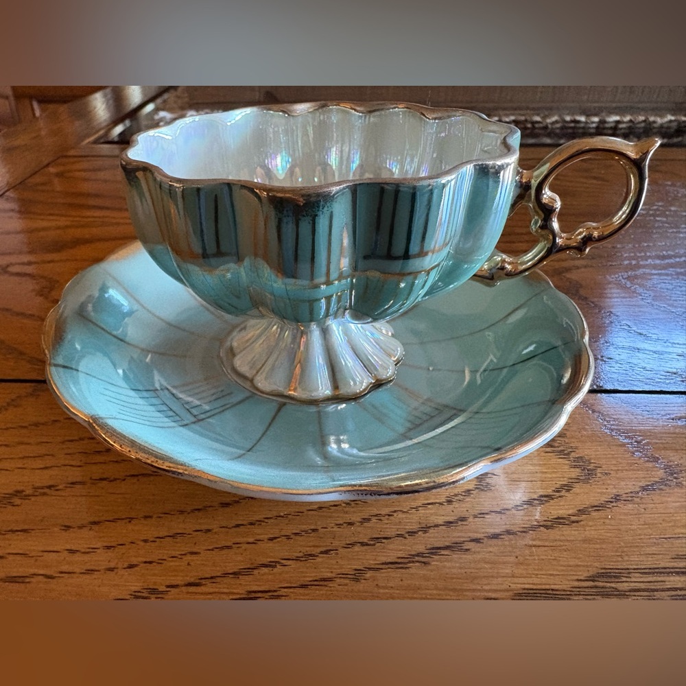 Elegant Vintage Teal and Gold Teacup and Saucer Set